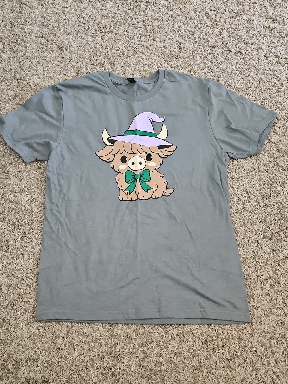 Gray Tee with Highland Cow and Lilac Hat